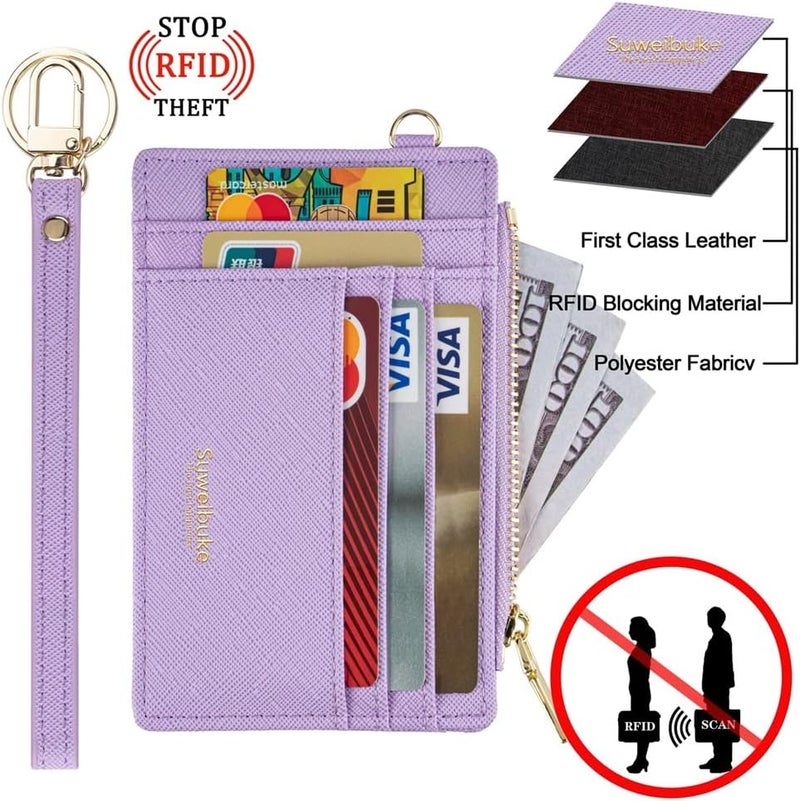 Wikavanli Women Slim Rfid Blocking Credit Card Case Holder Wristlet Zip ID Case Wallet Small Compact Leather Wallet Coin Purse with Keychain (Light Purple a) - Image 4